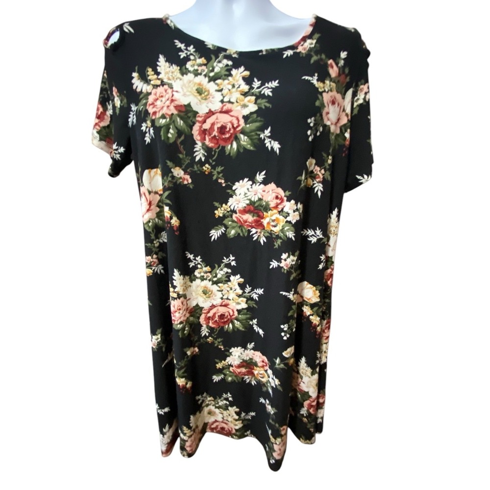 Vibe Sportswear Womans Dress 1X Black Floral Strappy Cold Shoulder Stretch Knee